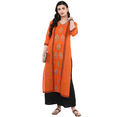 Blended Cotton Printed Kurta Top In Orange