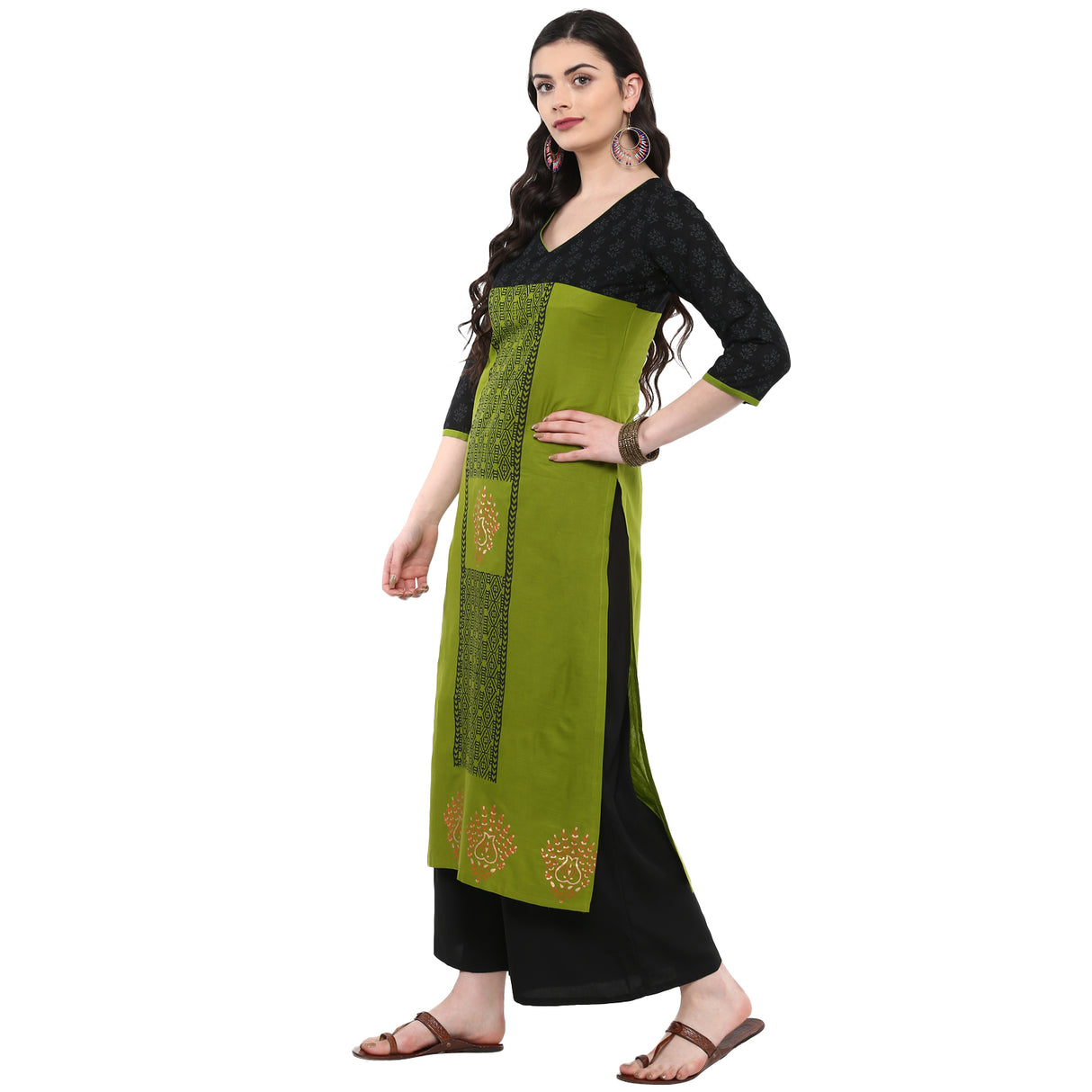 Blended Cotton Printed Kurta Top In Green