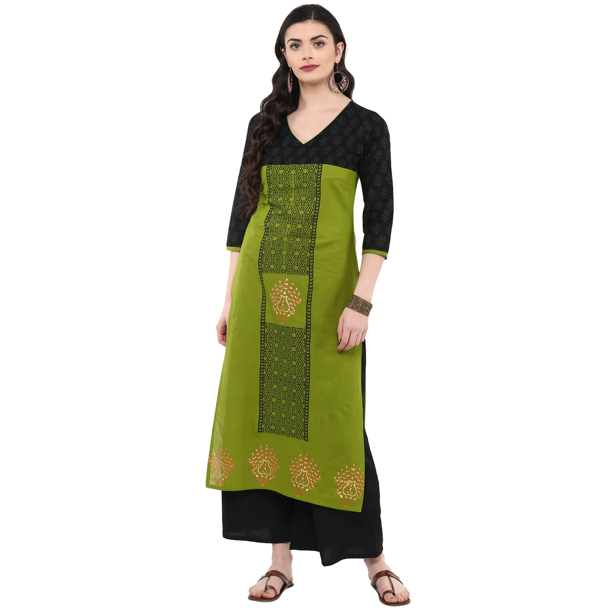 Blended Cotton Printed Kurta Top In Green