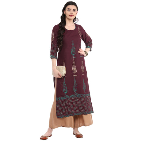 Blended Cotton Printed Kurta Top In Brown