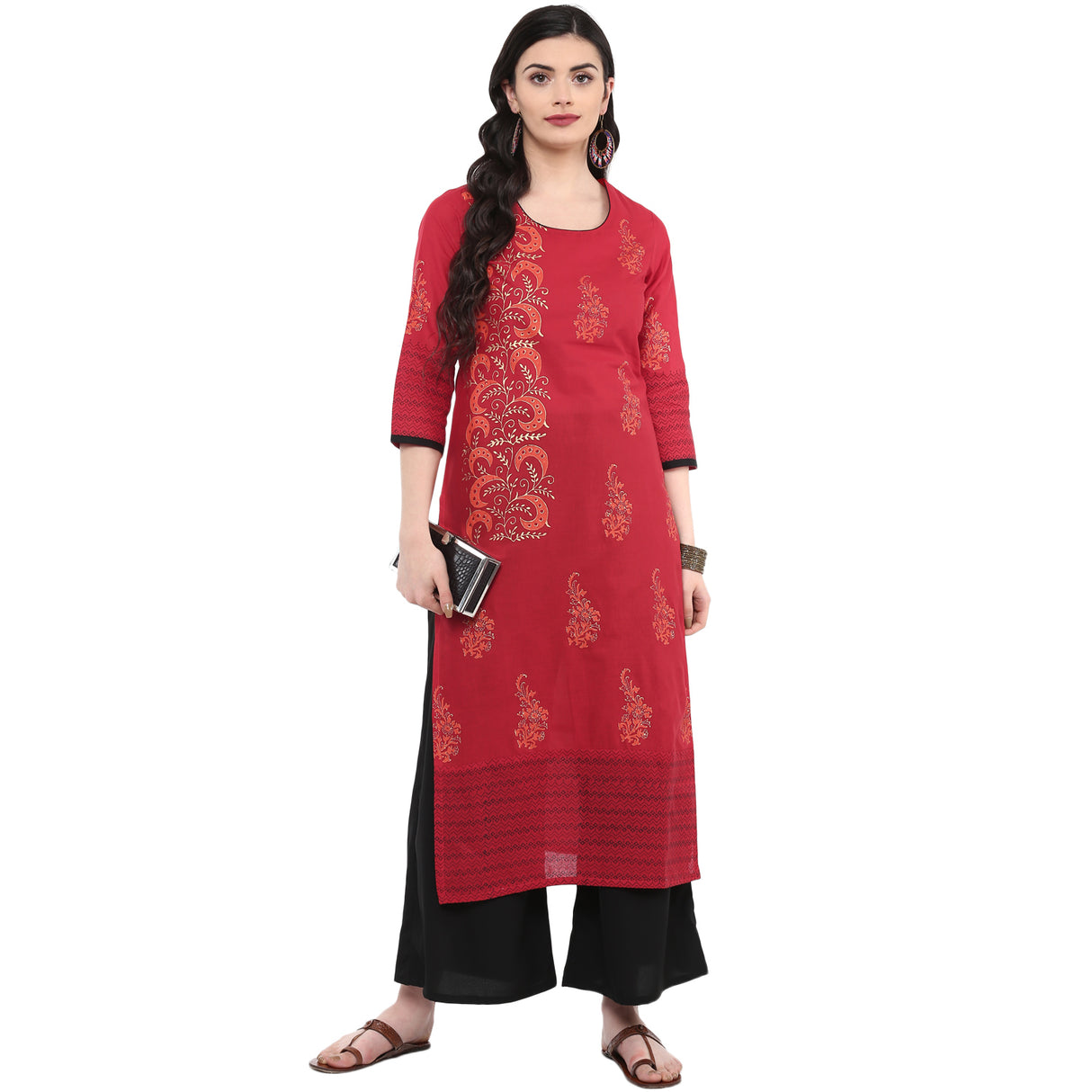 Blended Cotton Printed Kurta Top In Red