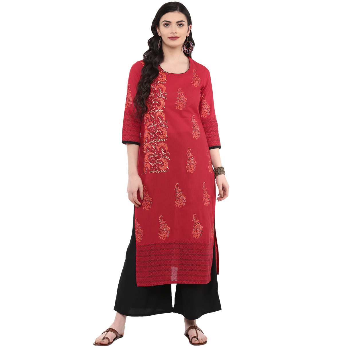 Blended Cotton Printed Kurta Top In Red