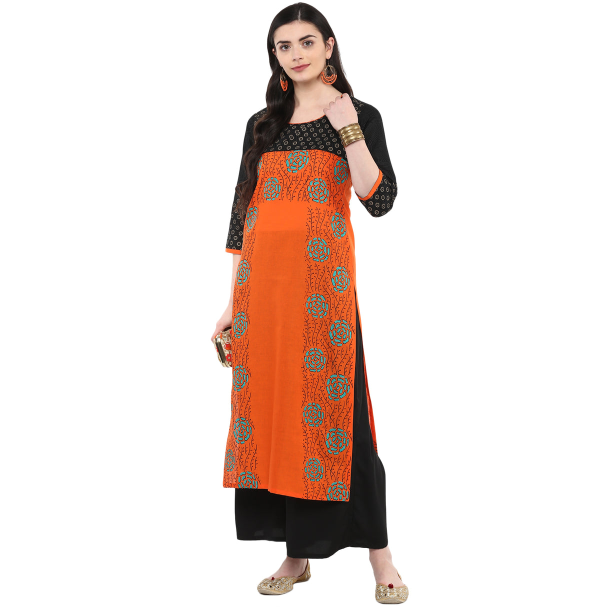 Blended Cotton Printed Kurta Top In Orange