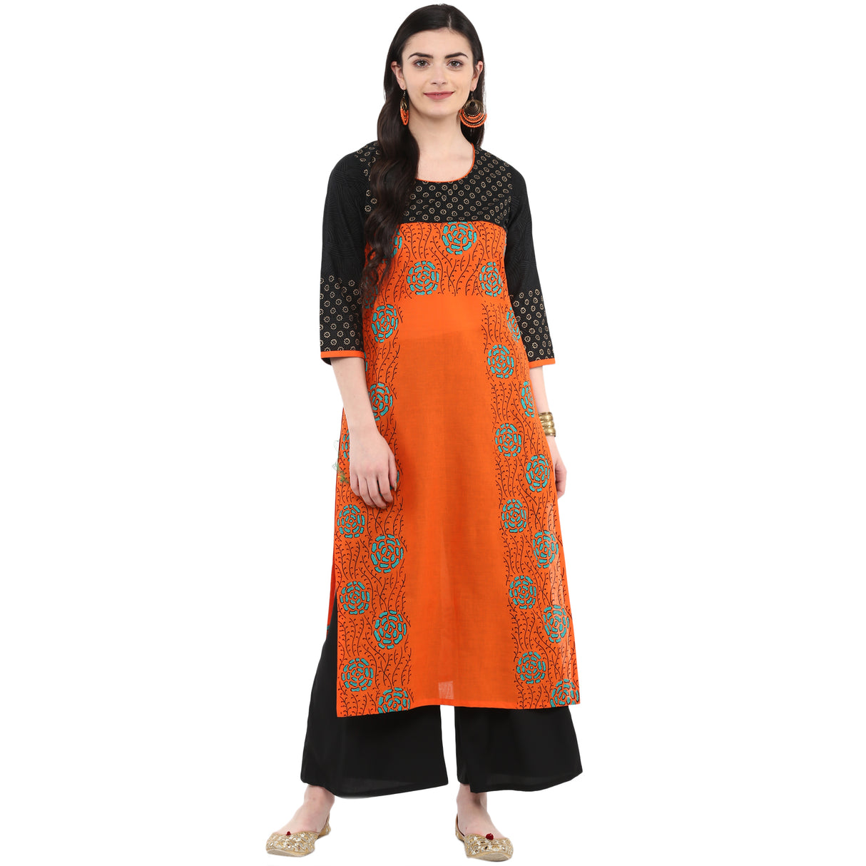 Blended Cotton Printed Kurta Top In Orange