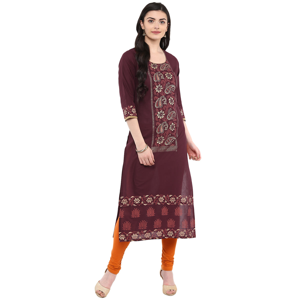 Blended Cotton Printed Kurta Top In Brown