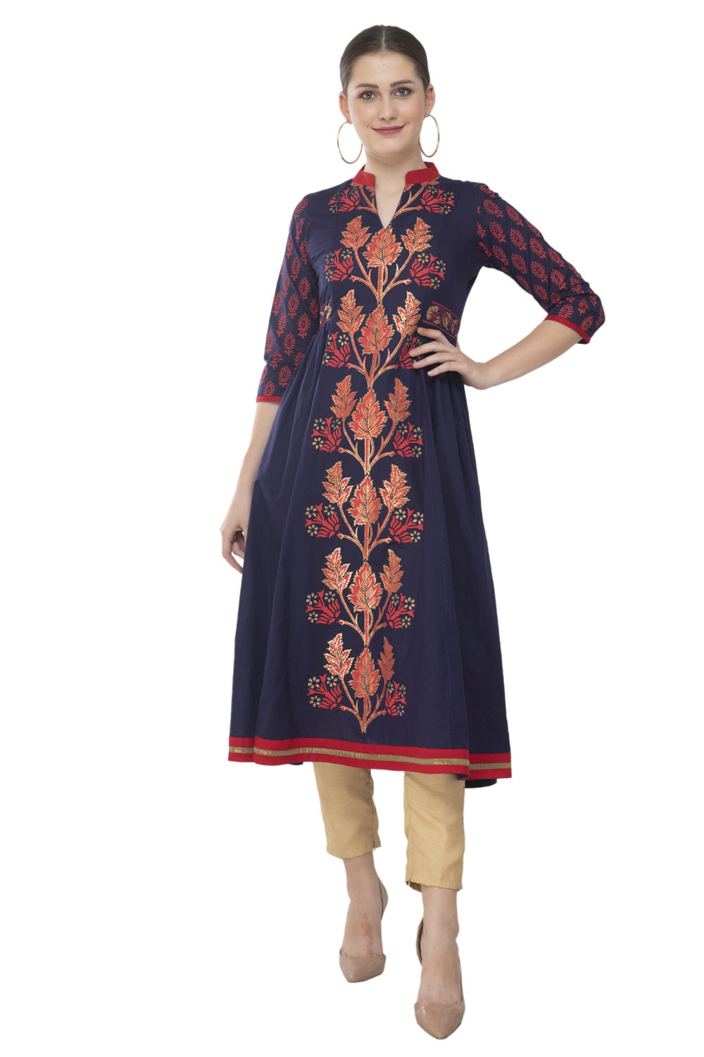 Blended Cotton Block Prints Kurta Top In Navy Blue