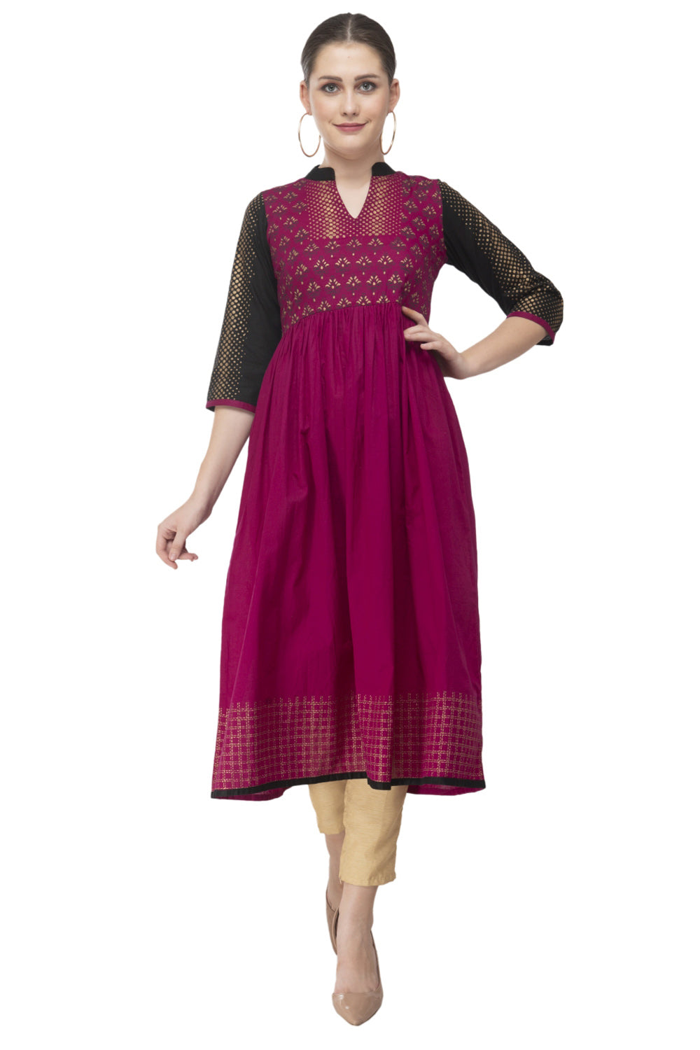 Blended Cotton Block Prints Kurta Top In Purple