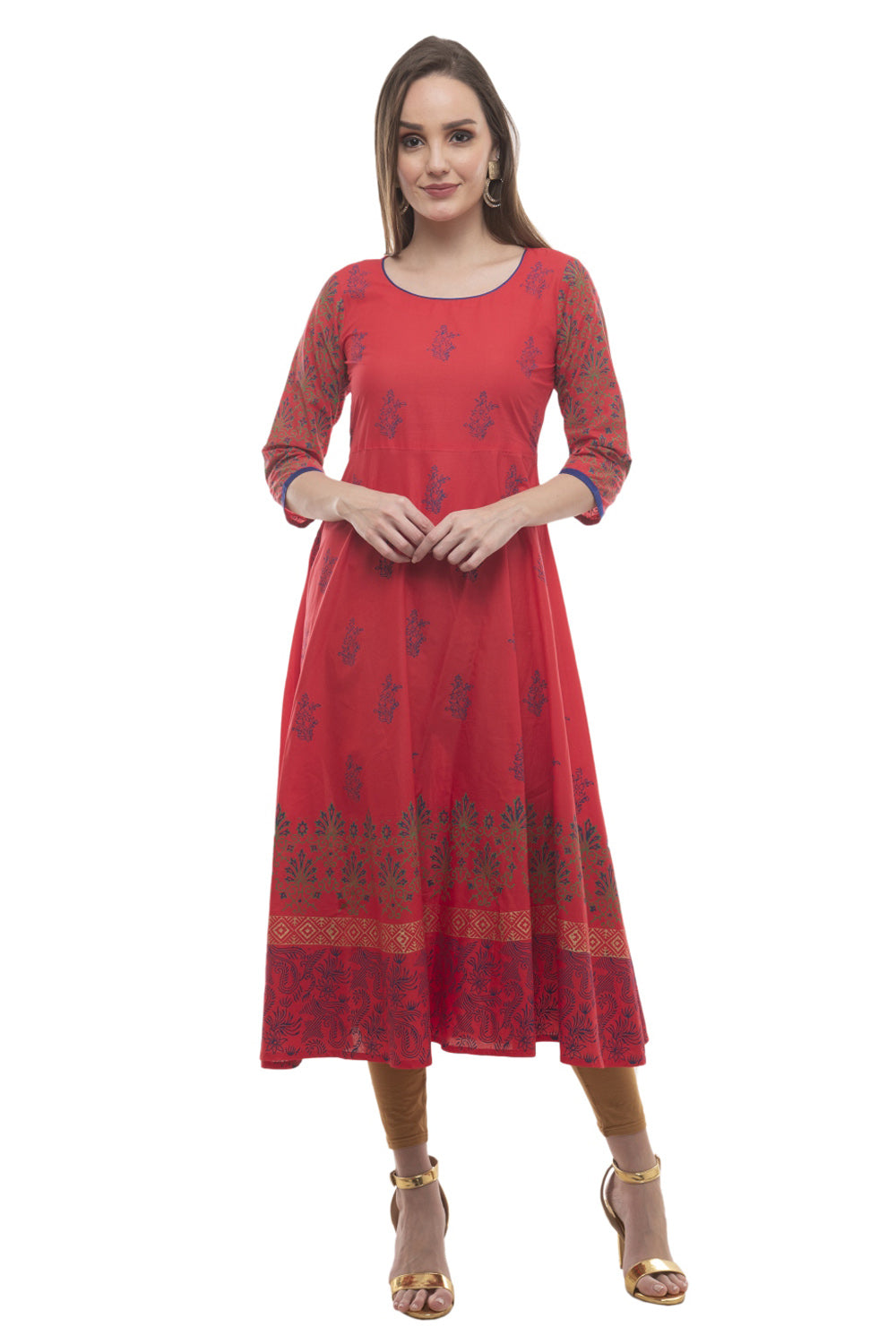 Blended Cotton Block Prints Kurta Top In Pink