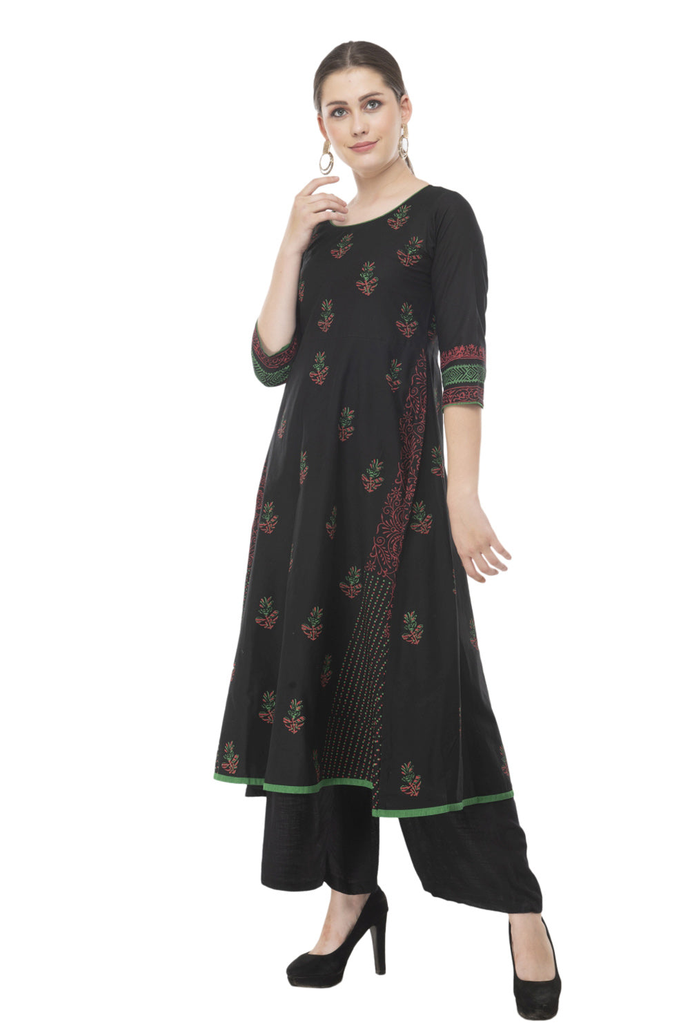 Blended Cotton Block Prints Kurta Top In Black