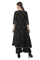 Blended Cotton Block Prints Kurta Top In Black