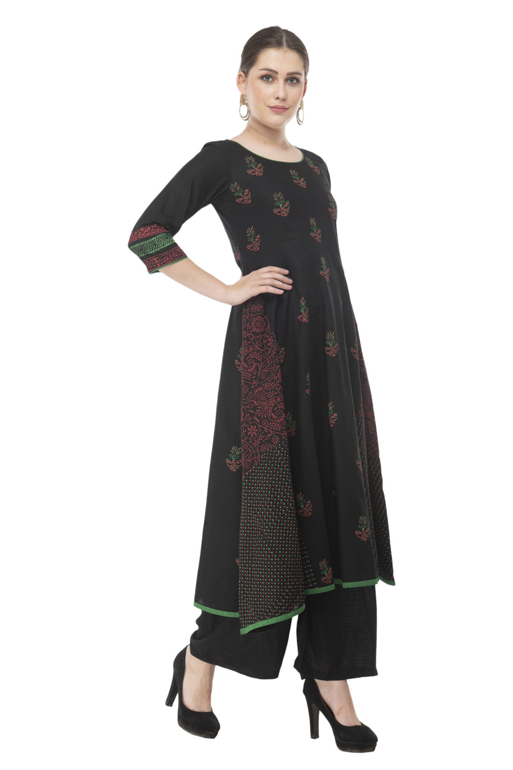 Blended Cotton Block Prints Kurta Top In Black