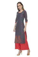 Blended Cotton Block Prints Kurta Top In Gray