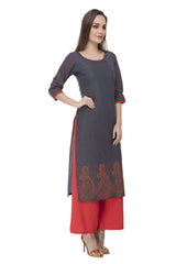 Blended Cotton Block Prints Kurta Top In Gray