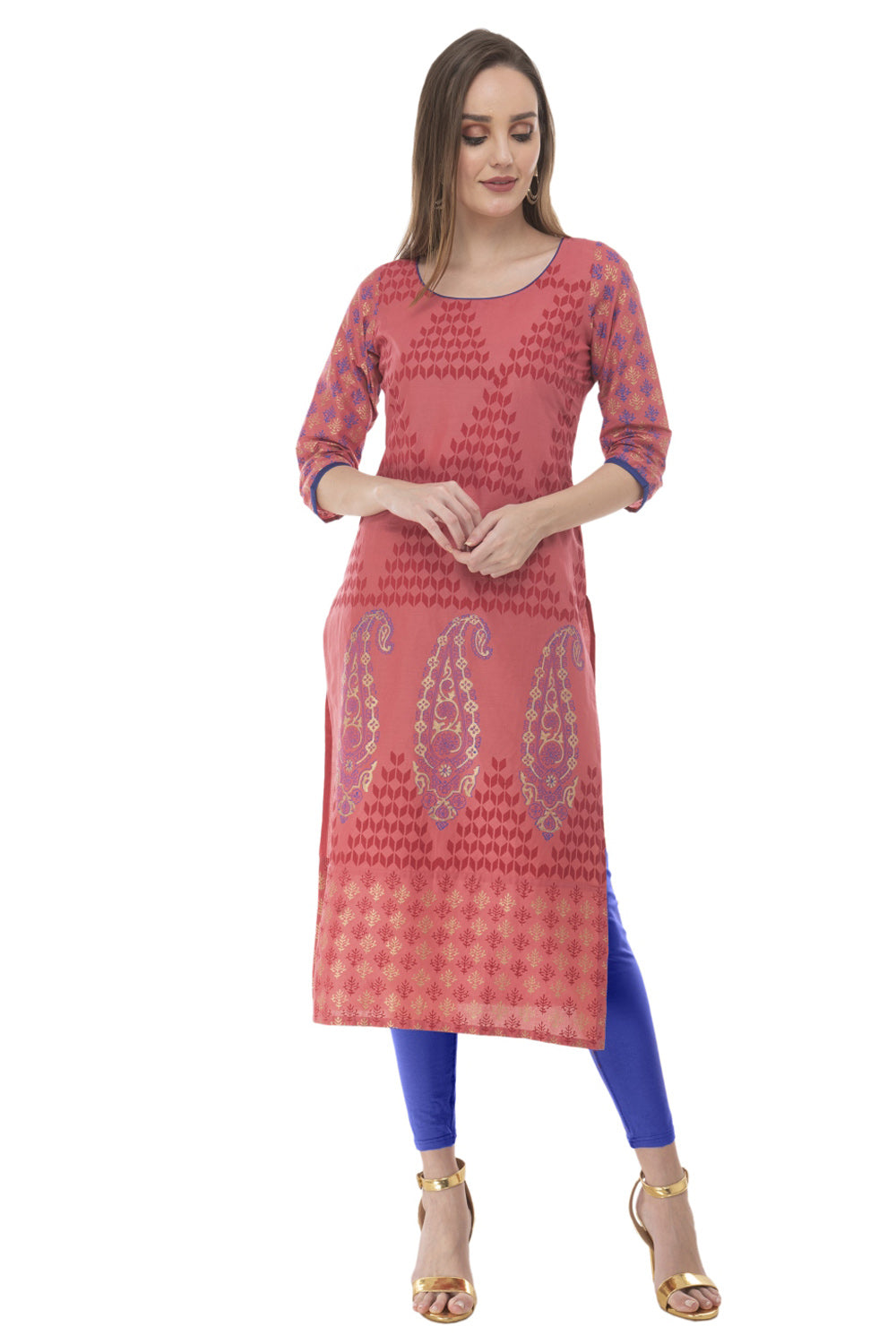 Blended Cotton Block Prints Kurta Top In Pink