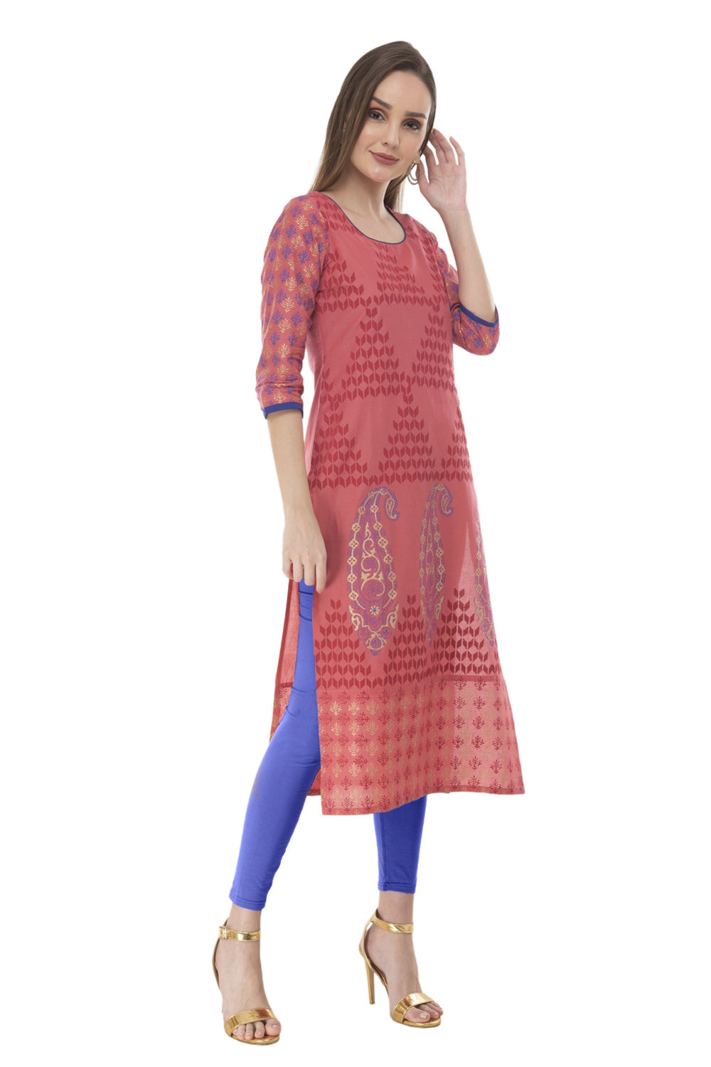 Blended Cotton Block Prints Kurta Top In Pink