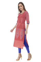 Blended Cotton Block Prints Kurta Top In Pink