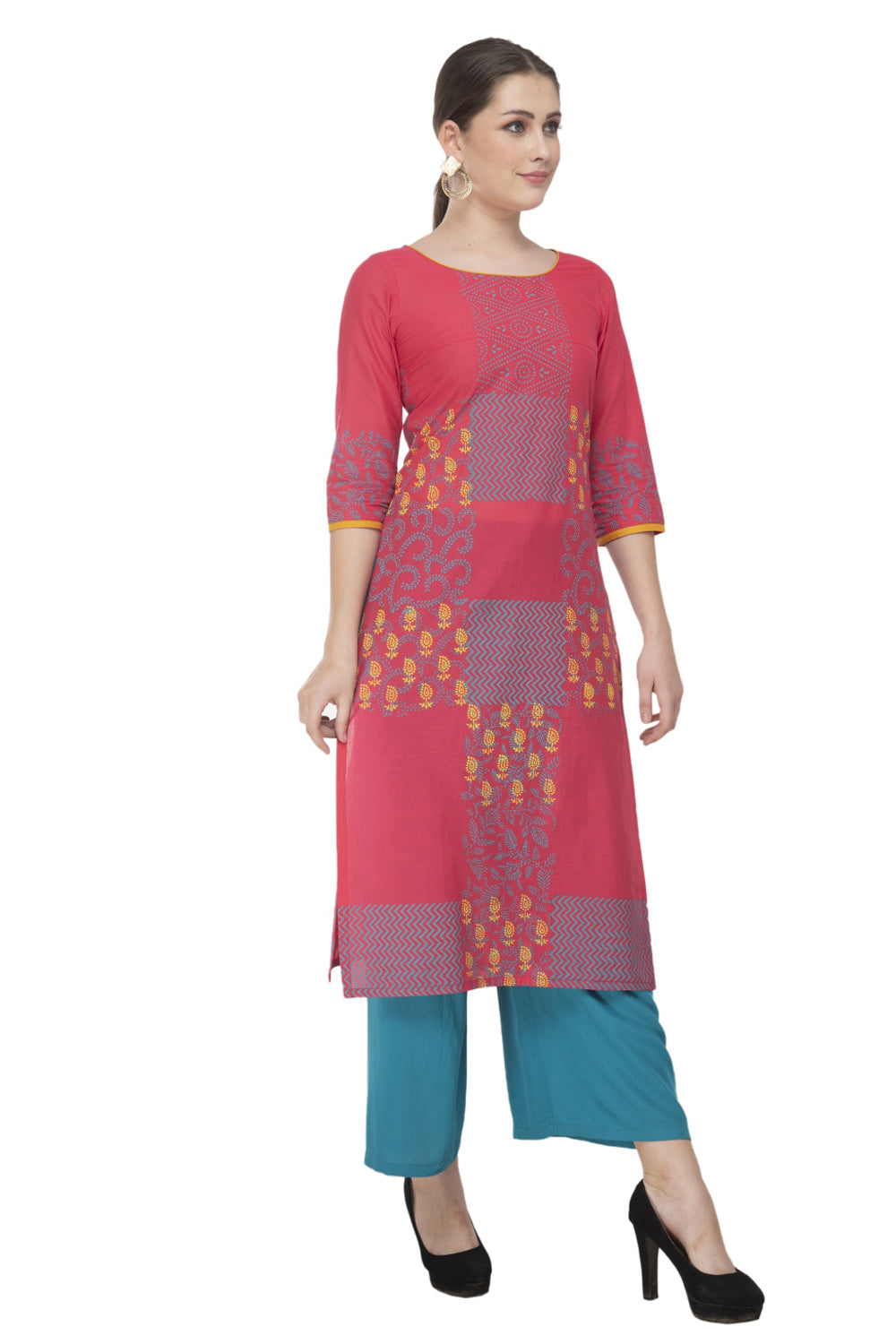 Blended Cotton Block Prints Kurta Top In Pink