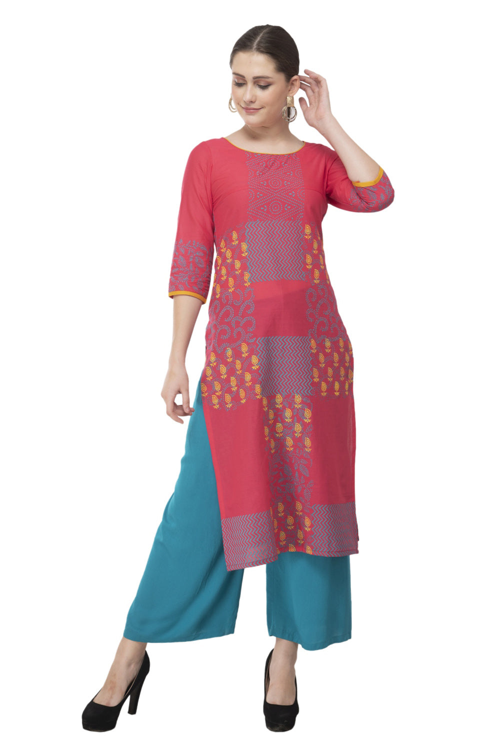 Blended Cotton Block Prints Kurta Top In Pink