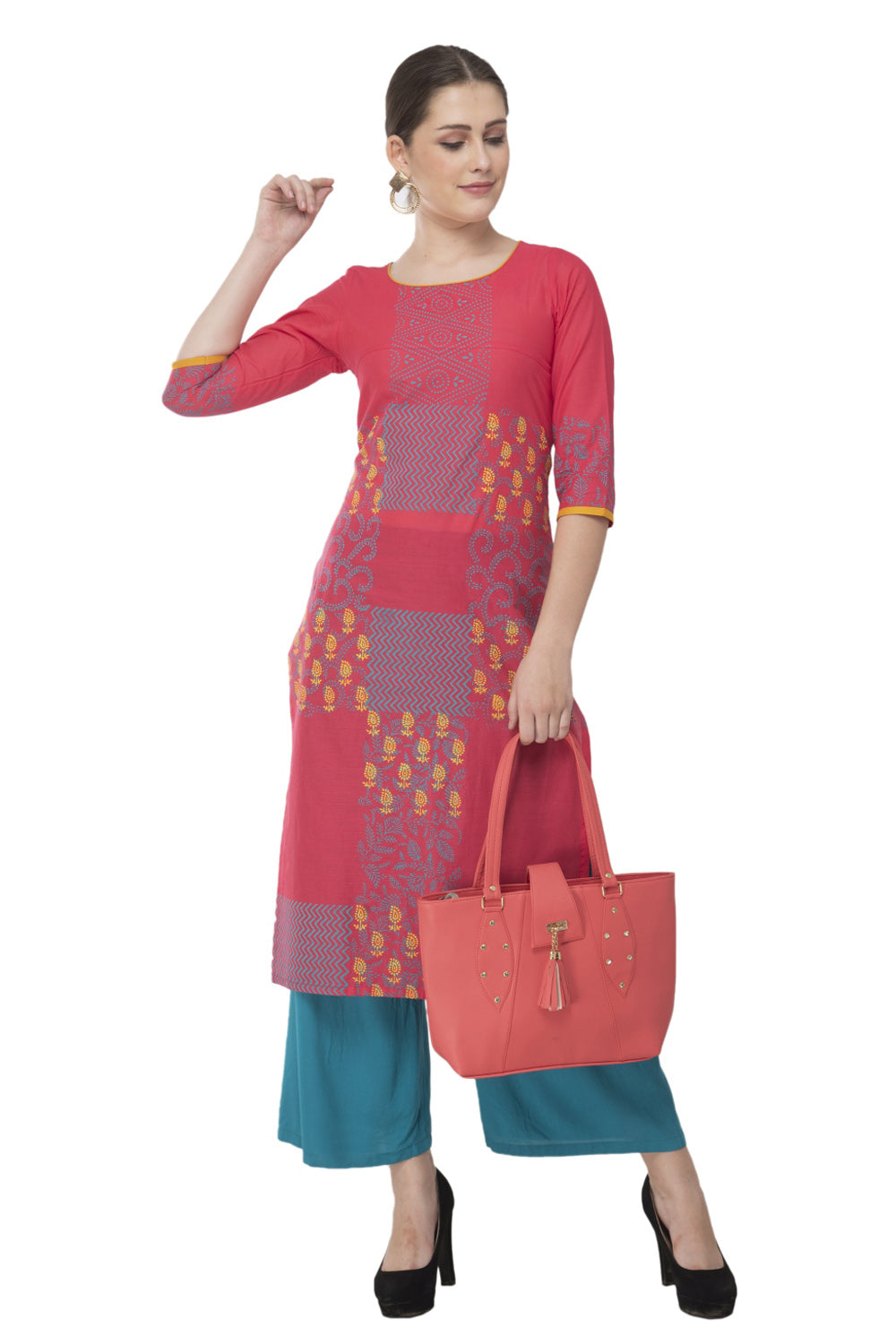 Blended Cotton Block Prints Kurta Top In Pink