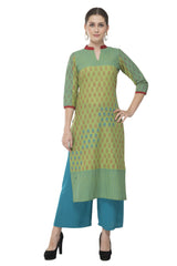 Blended Cotton Block Prints Kurta Top In Green