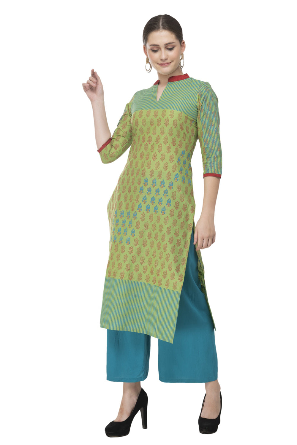 Blended Cotton Block Prints Kurta Top In Green