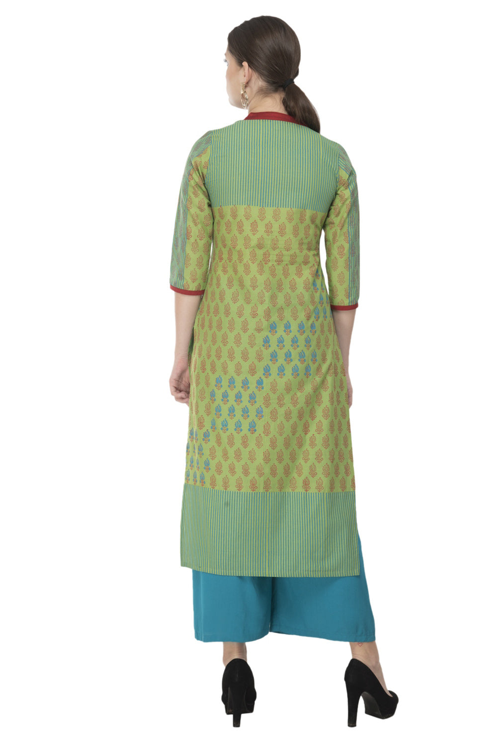 Blended Cotton Block Prints Kurta Top In Green