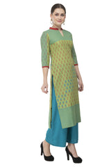 Blended Cotton Block Prints Kurta Top In Green