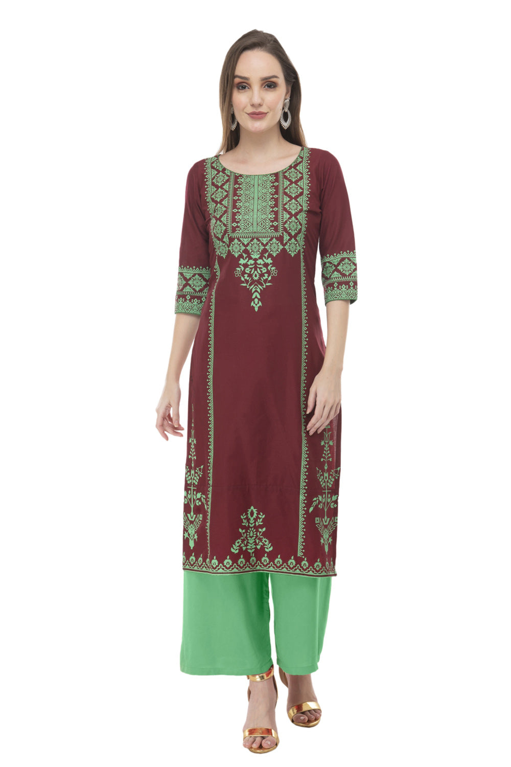 Blended Cotton Block Prints Kurta Top In Brown