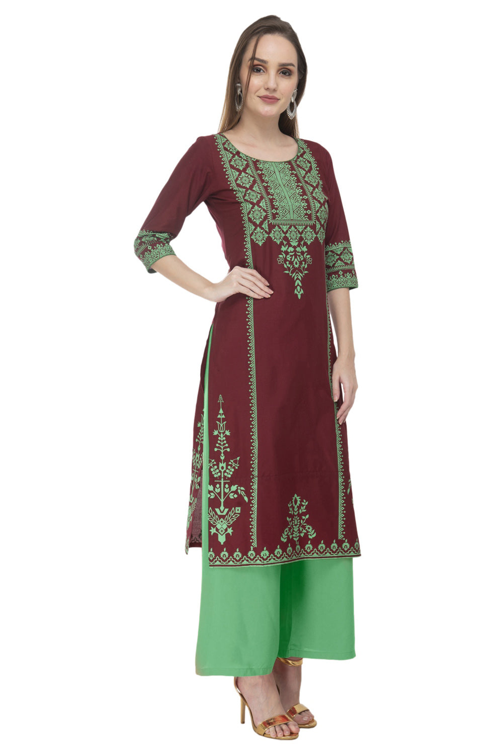 Blended Cotton Block Prints Kurta Top In Brown