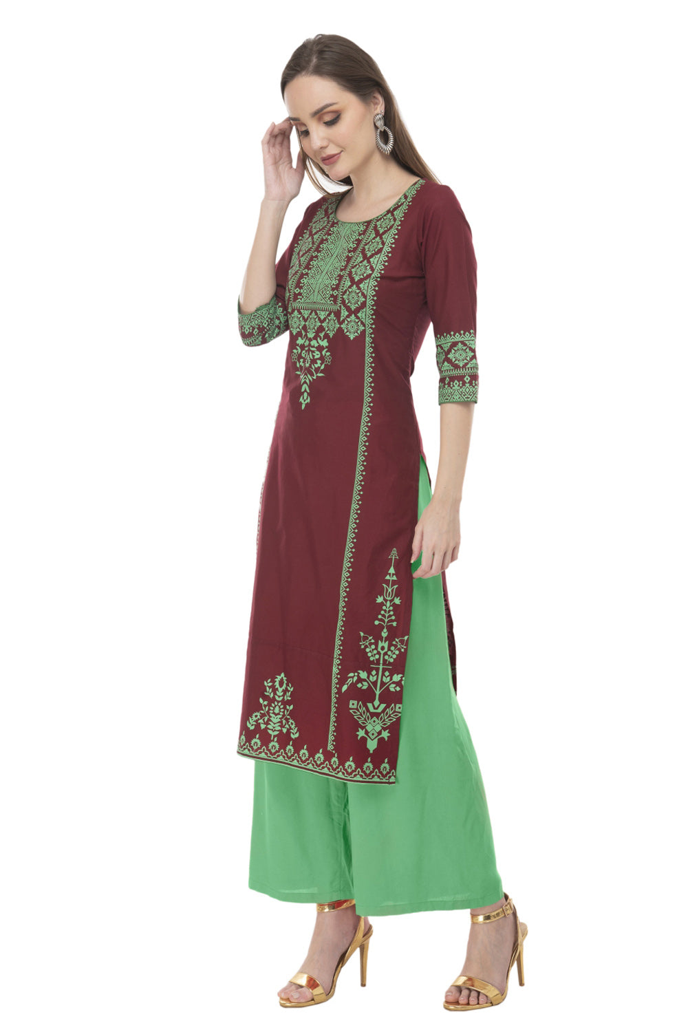 Blended Cotton Block Prints Kurta Top In Brown