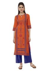 Blended Cotton Block Prints Kurta Top In Orange