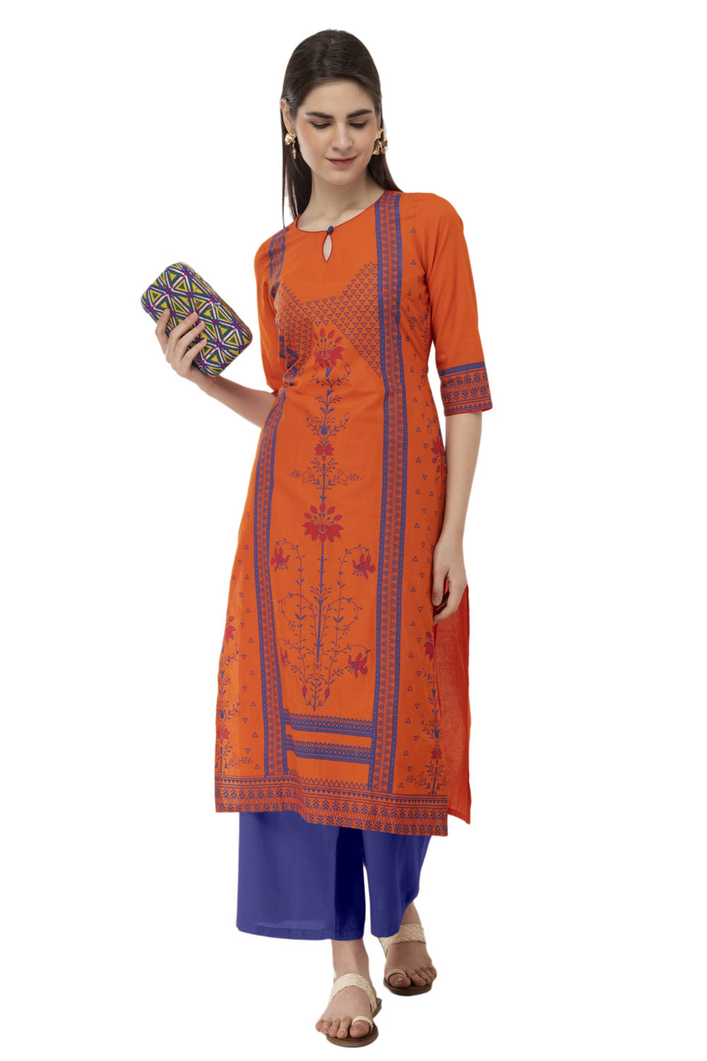 Blended Cotton Block Prints Kurta Top In Orange