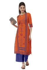 Blended Cotton Block Prints Kurta Top In Orange