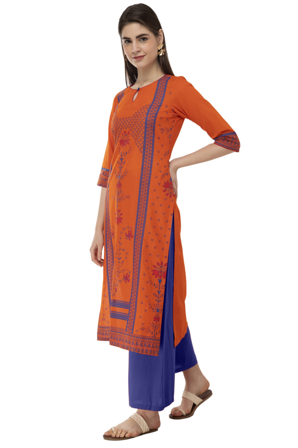 Blended Cotton Block Prints Kurta Top In Orange