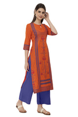 Blended Cotton Block Prints Kurta Top In Orange