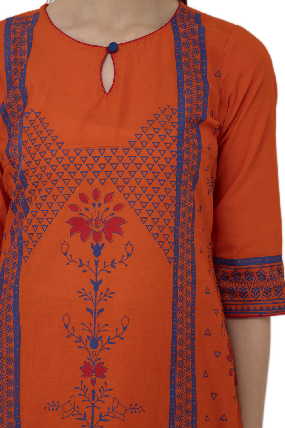 Blended Cotton Block Prints Kurta Top In Orange