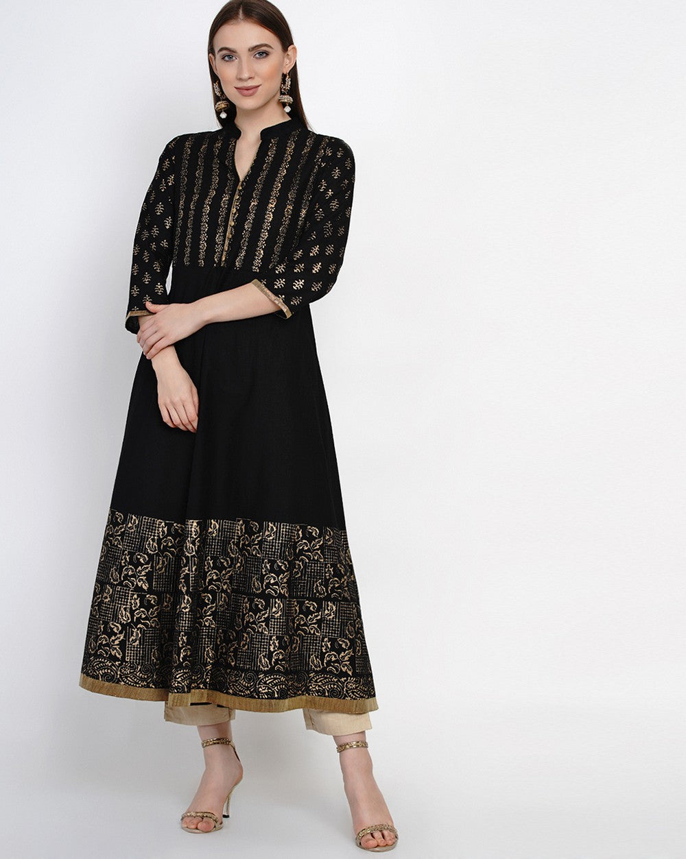 Buy Blended Cotton Block Print Anarkali Kurta In Black