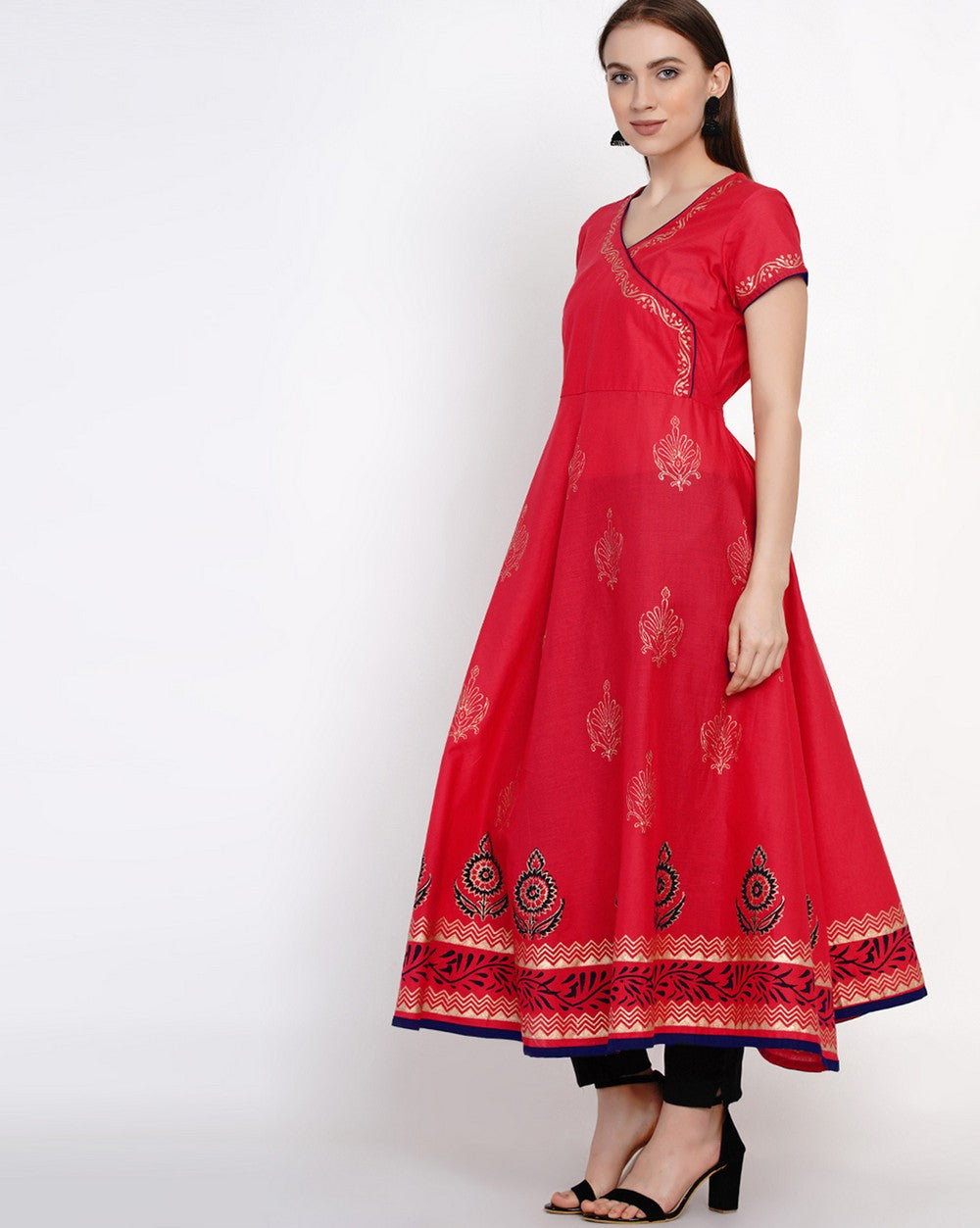 Red Block Print Anarkali Kurti