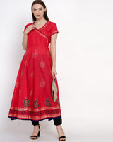 Buy Blended Cotton Block Print Anarkali Kurta In Red