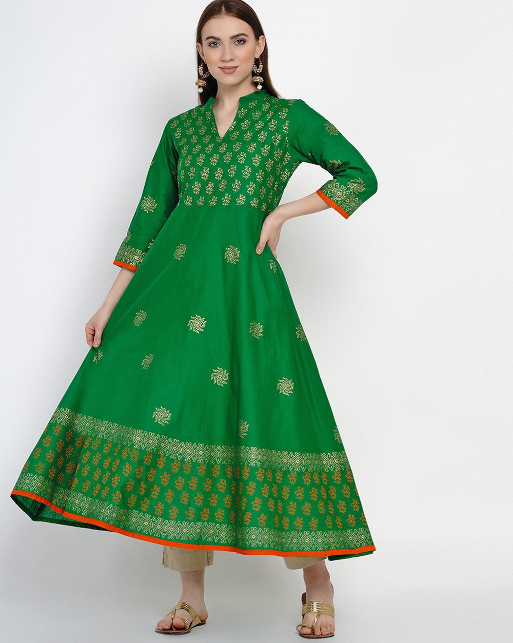 Buy Blended Cotton Block Print Anarkali Kurta In Green