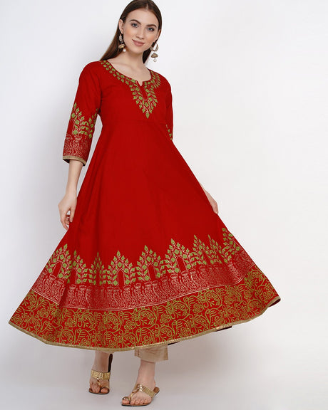 Buy Blended Cotton Block Print Anarkali Kurta In Red