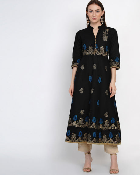 Buy Blended Cotton Block Print Anarkali Kurta In Black