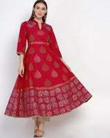 Buy Blended Cotton Block Print Anarkali Kurta In Magenta