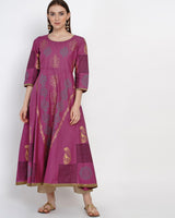 Buy Blended Cotton Block Print Anarkali Kurta In Purple