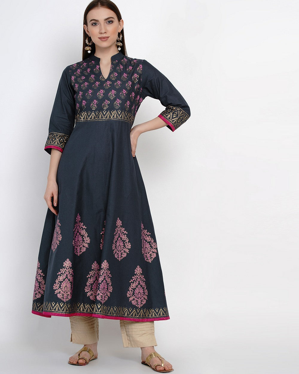 Buy Blended Cotton Block Print Anarkali Kurta In Grey