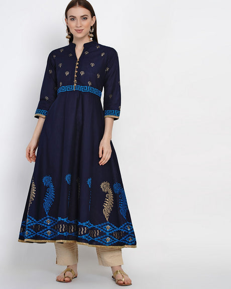 Buy Blended Cotton Block Print Anarkali Kurta In Blue