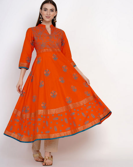 Buy Blended Cotton Block Print Anarkali Kurta In Orange