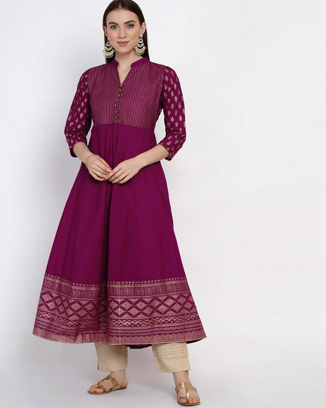 Buy Blended Cotton Block Print Anarkali Kurta In Purple
