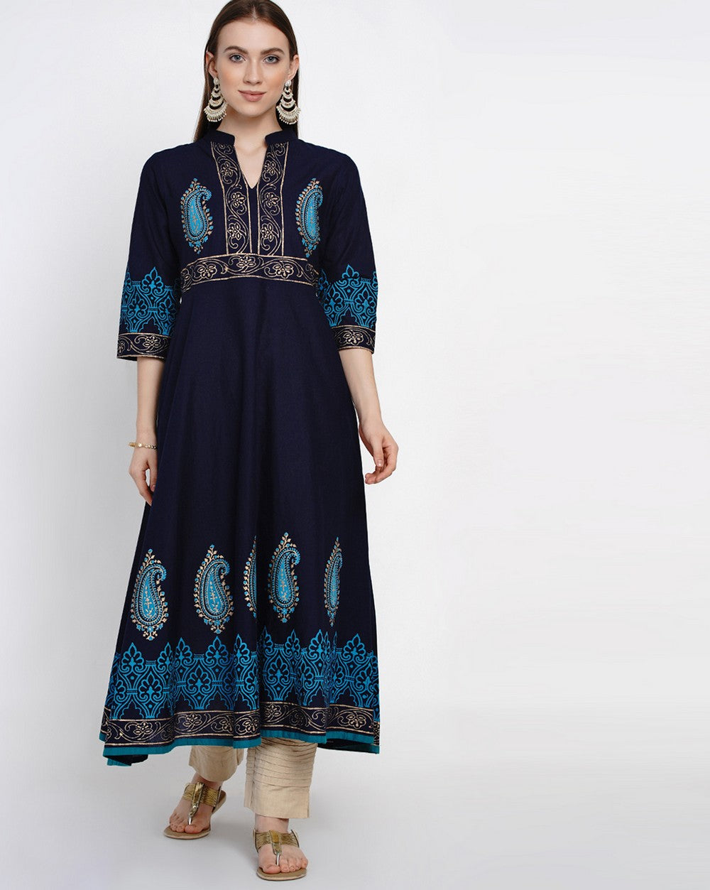 Buy Blended Cotton Block Print Anarkali Kurta In Blue