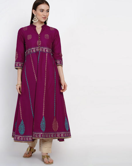 Buy Blended Cotton Block Print Anarkali Kurta In Purple